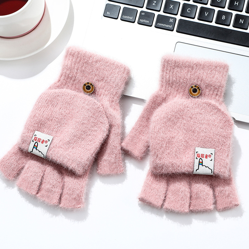 Plush Autumn and Winter Half Finger Flip Men and Women Warm Thickened Bag Student Writing Knitted Knitting Wool Gloves Wholesale