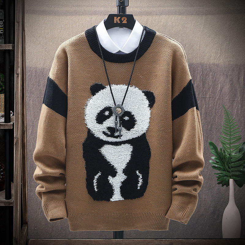 潮流宽松男士毛衣冬季时尚大熊猫印花休闲青少年男装圆领打底毛衫