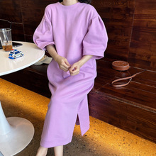 韩国chic夏日新品甜美减龄泡泡袖开叉设计宽松卫衣连衣裙女长裙