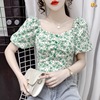 Floral Chiffon shirt 2022 summer new pattern Western style By age puff sleeve Backless Bandage square neck