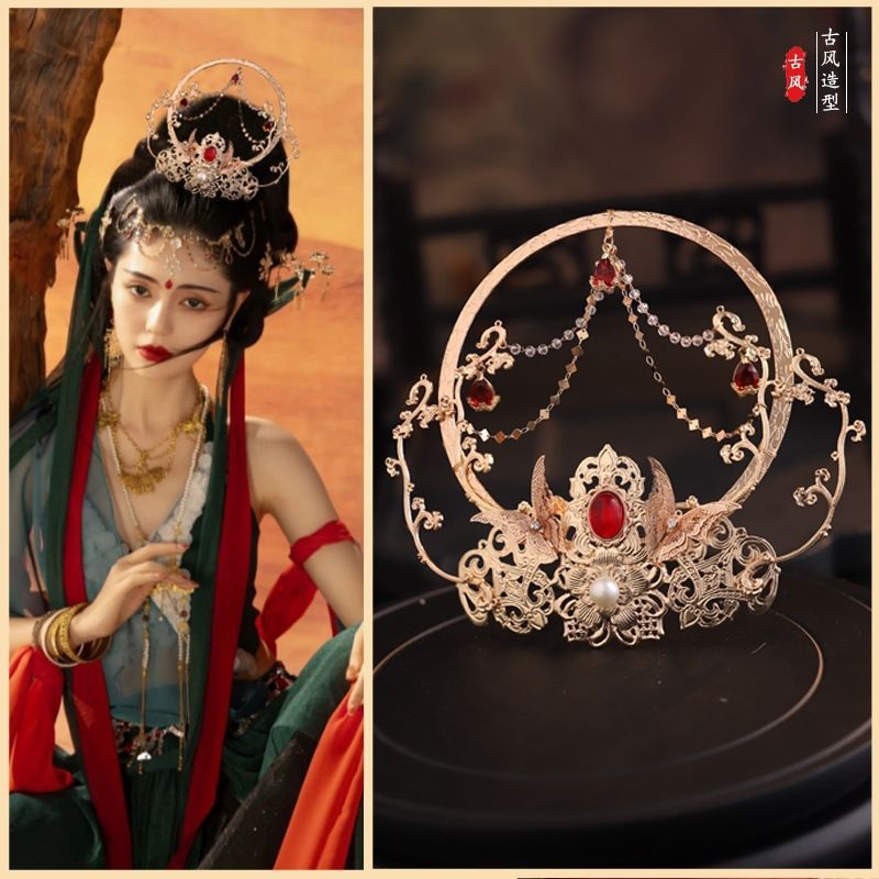 宫廷飞天圣女光环发冠古风汉服头饰古装神女配饰供养光圈金环发饰