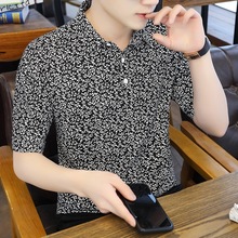 夏季新款短袖t恤男士日系韩版潮流polo花衬衫V领半袖冰丝衣服夏天