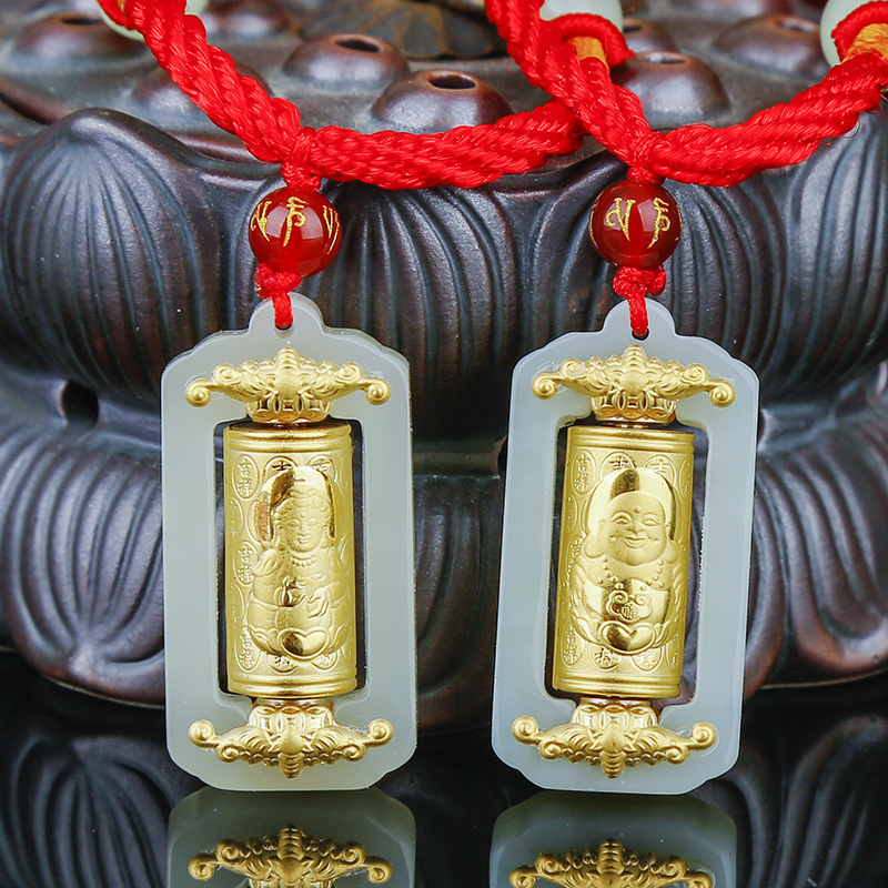 和田玉999足金 金镶玉转运筒 观音佛百福 时来运转百福玉坠吊坠