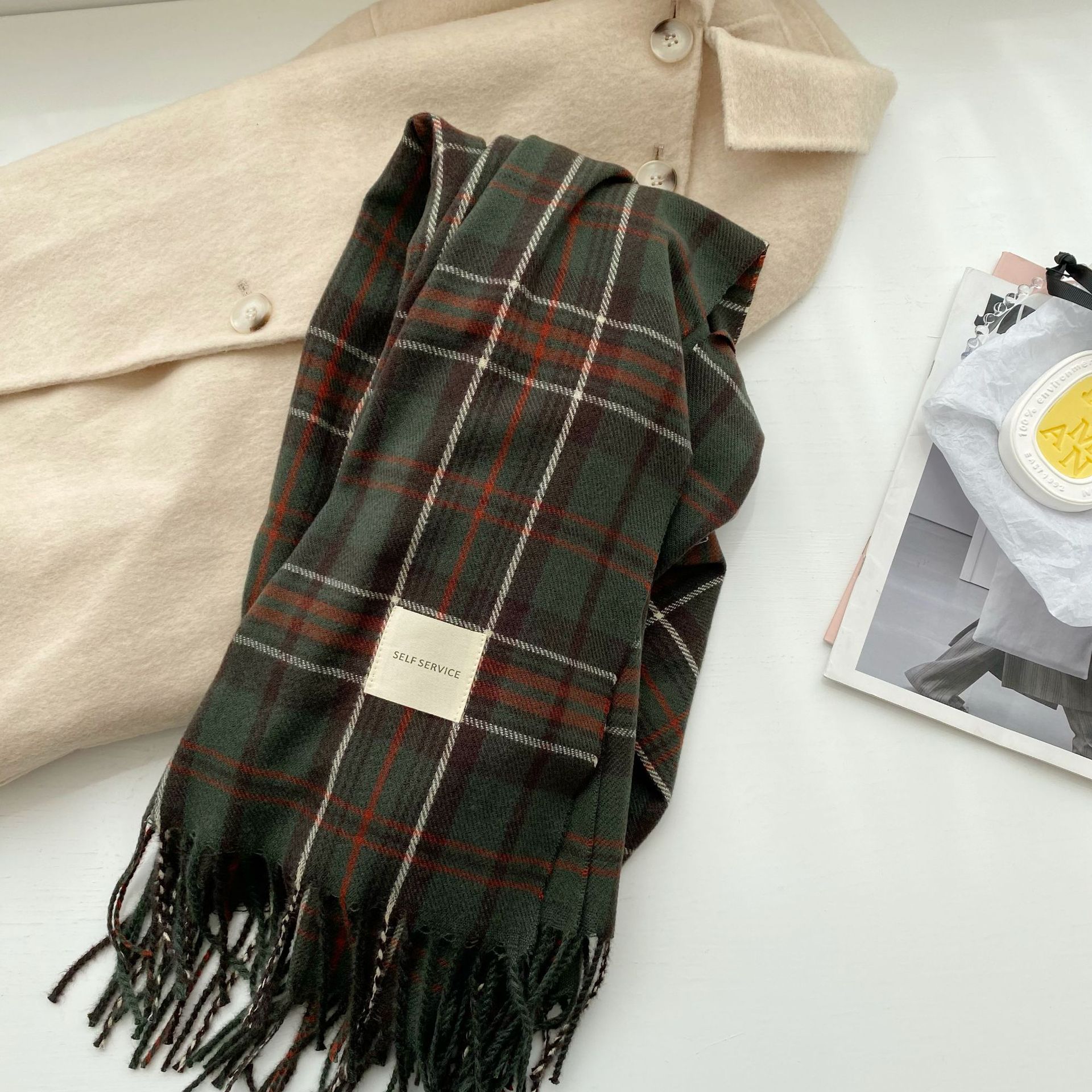 2023秋冬新款韩国复古ins格子仿羊绒围巾女学生百搭长款披肩围脖