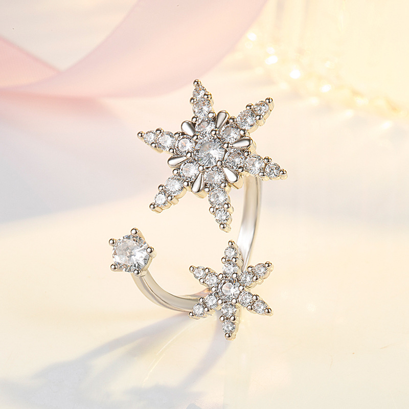 卡莱美珠宝六角雪花戒指 霜雪戒指 银冷淡风潮流圣诞礼物开口戒指