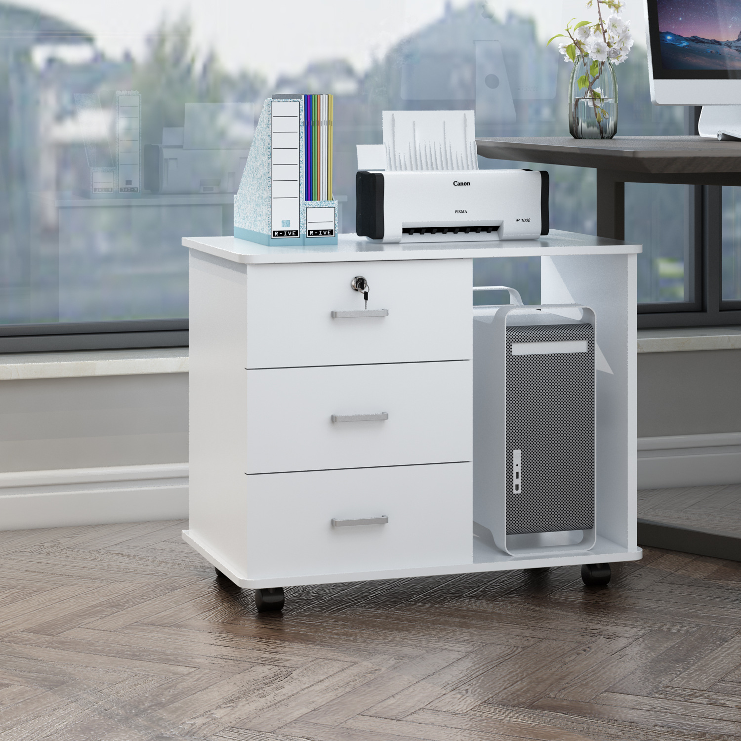 打印机柜活动电脑主机柜床边收纳柜带滑轮文件柜储物茶水桌边柜子