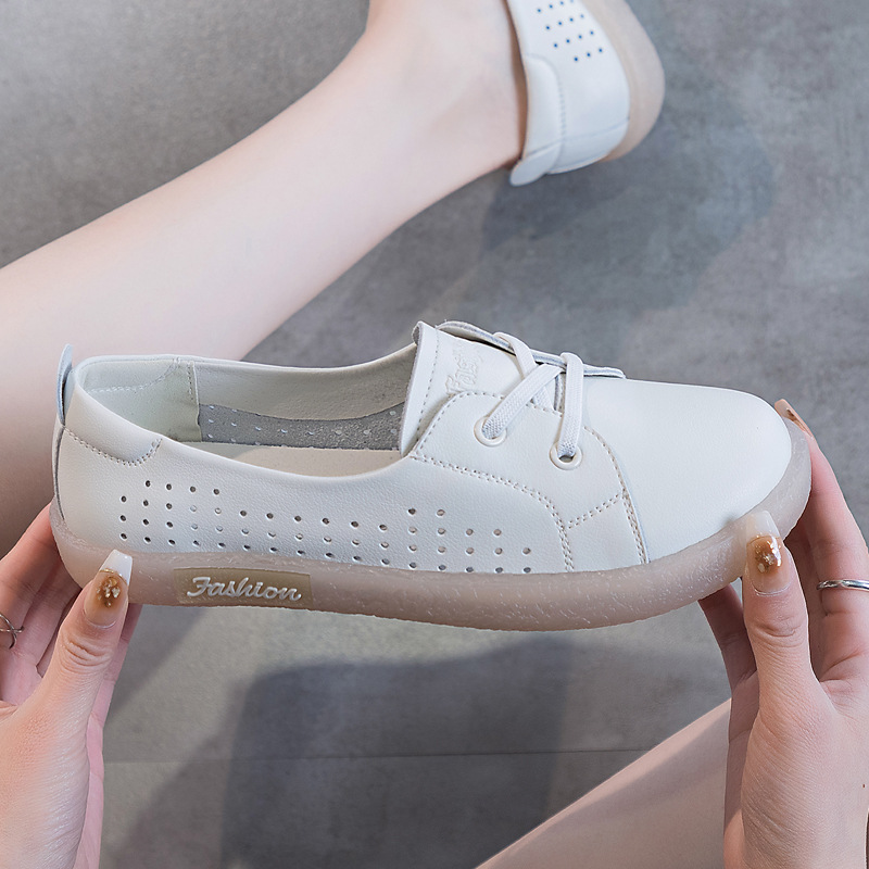 Oversized Shoes 2023 Spring and Summer New Versatile Cowhide White Shoes Genuine Leather Soft Bottom Single-Layer Shoes Hollow out Flat Pregnant Women's Shoes