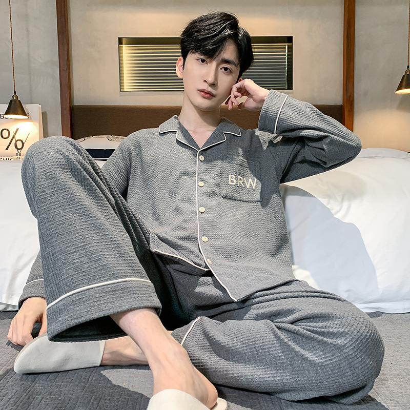 2024年新款睡衣男春秋华夫格翻领套装男士夏季薄款休闲外穿家居服