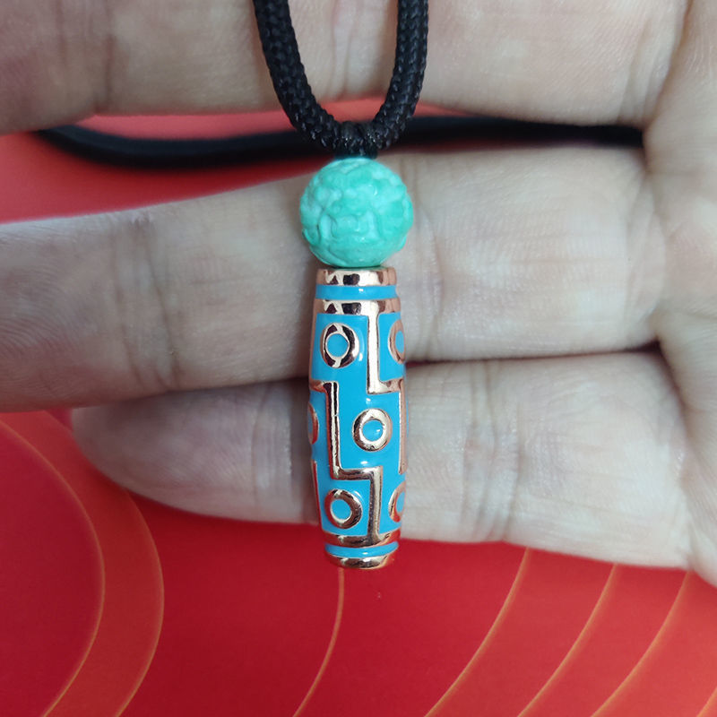 天然原矿绿松石顶珠s925银镶嵌秦古蓝松石九眼天珠吊坠颈饰男女