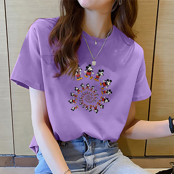 2021夏季韩版宽松大码圆领印花图案短袖t恤女学生套头紫色体恤女