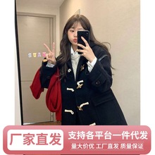 Ws黑色牛角扣呢子大衣女秋冬高级感毛呢外套2023新款小个子加厚爆