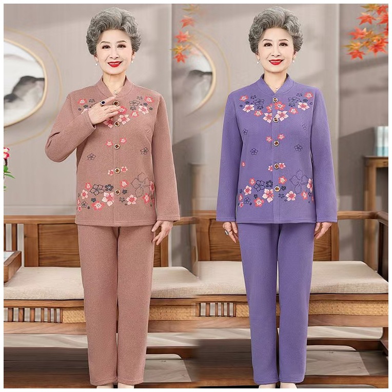 中老年人保暖衣加绒加厚开衫女奶奶冬装套装妈妈开襟太太秋衣秋裤