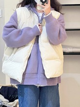 一件代发 韩系棉服马甲保暖棉衣马夹面包服叠穿紫色针织三件套