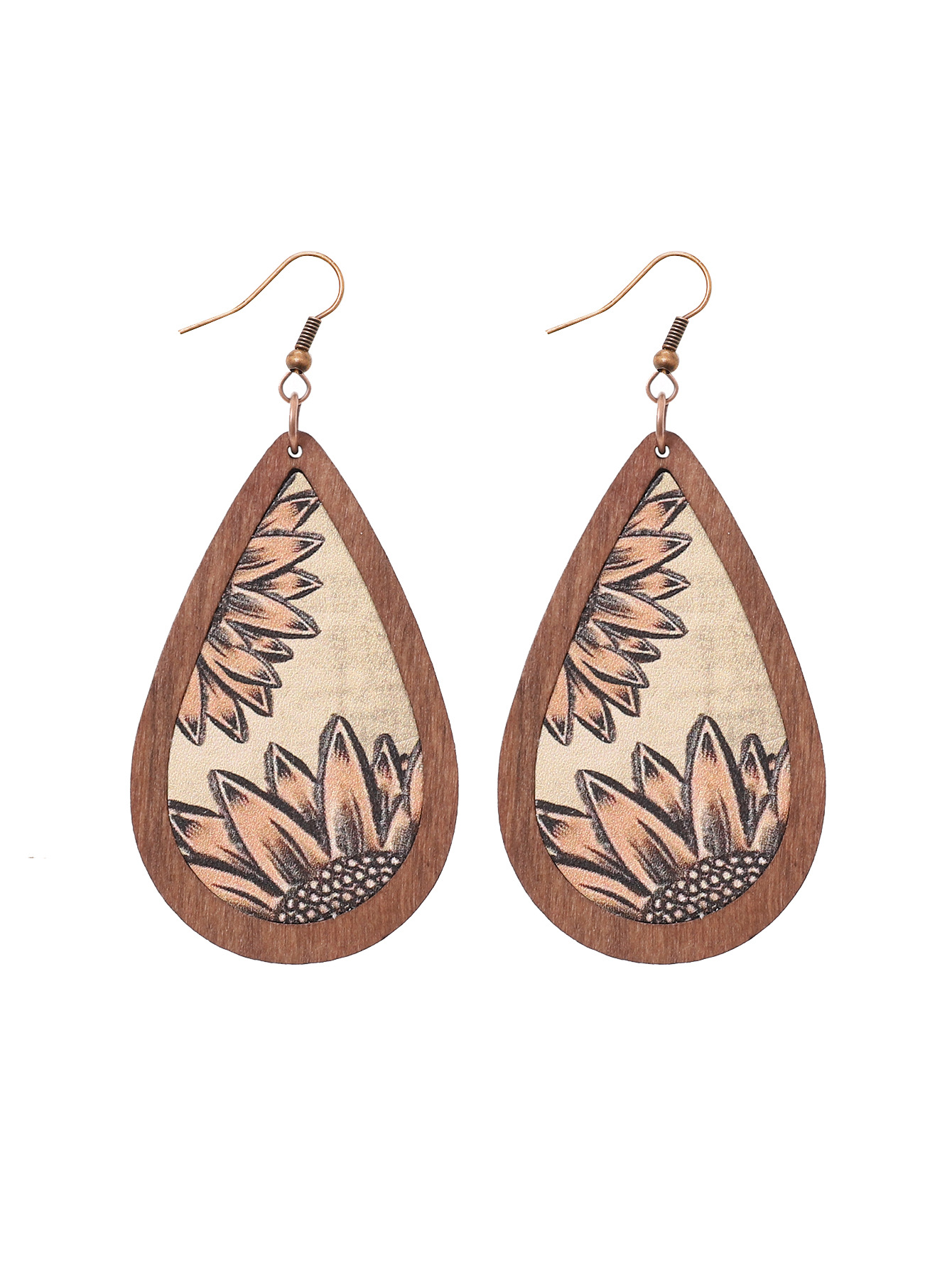 Cross-Border Western Style Vintage Water Drop Wooden Earrings Sunflower Earrings for Women Amazon AliExpress