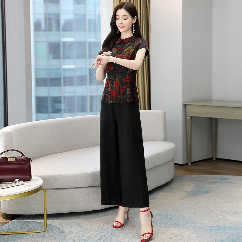阔腿裙裤套装夏季女装2022年新款中年妈妈显瘦时尚改良旗袍两件套
