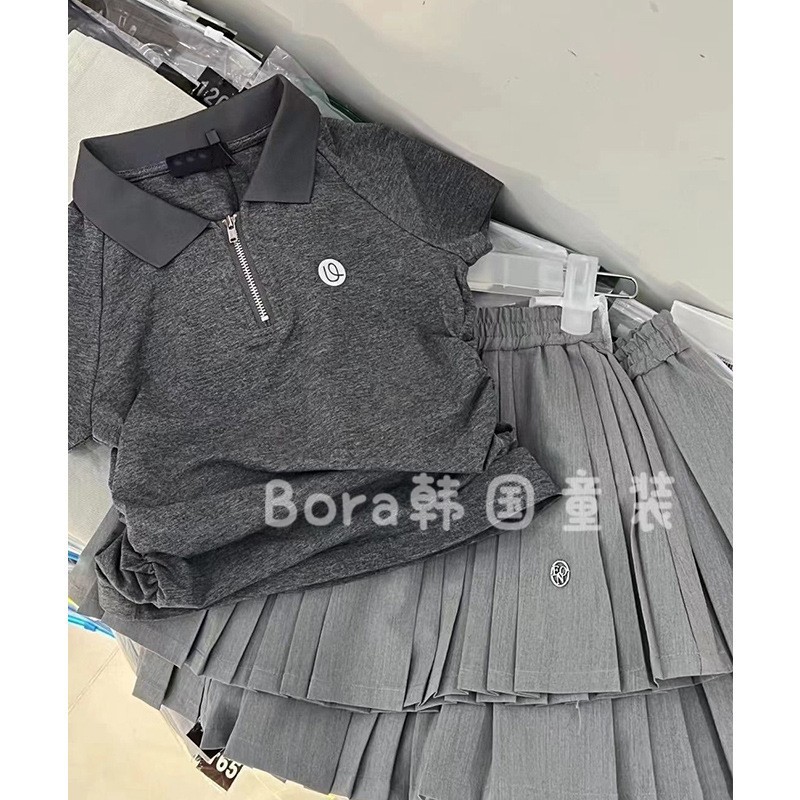 波拉bora韩国女童套装夏季新款中大童潮牌亲子短袖上衣百褶短裙子
