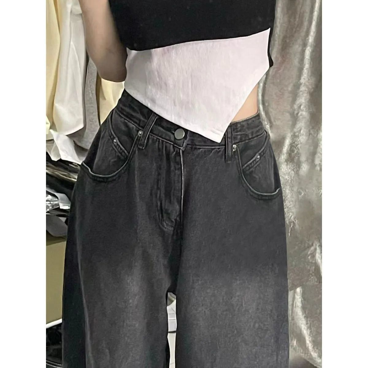 Black Wide-Leg Jeans Women's European and American Vibe High Street Slimming Washed Distressed Straight Mop Pants Trendy Ins