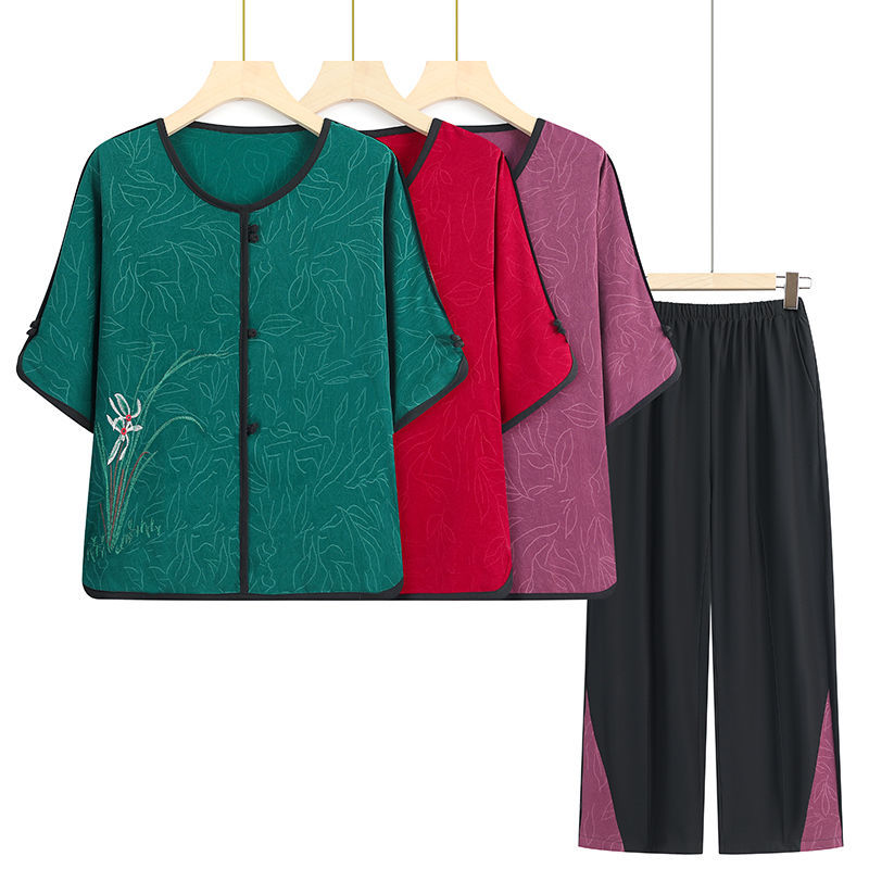 中老年妈妈装夏季套装新款大码奶奶夏天宽松两件套60岁70老人衣服