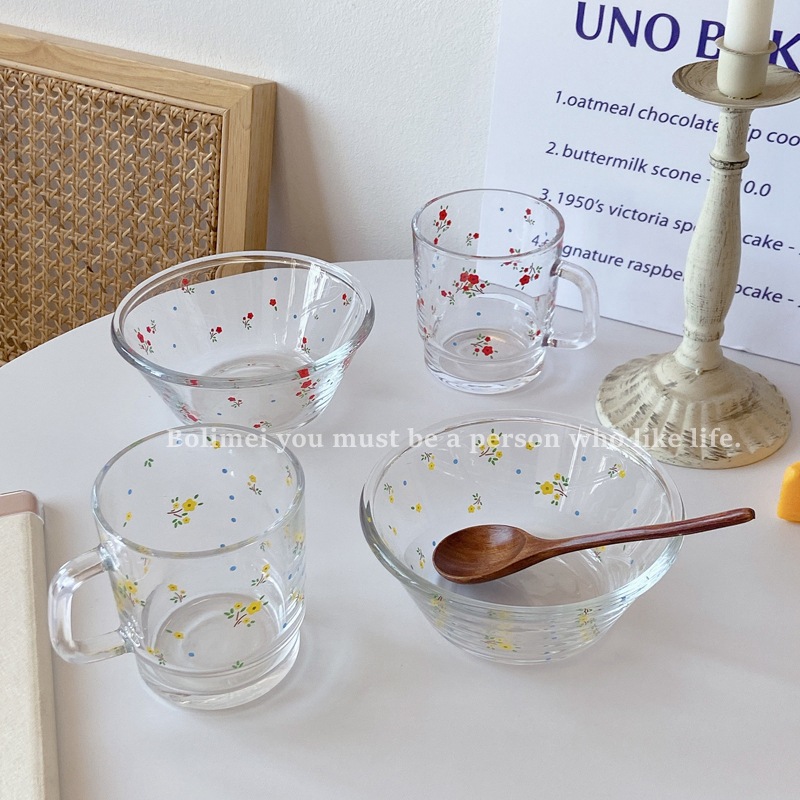 Heat Transfer Printing Glass Tableware French Style Floral Cup Bowl Tableware Glass Glass Bowl Cup Wholesale