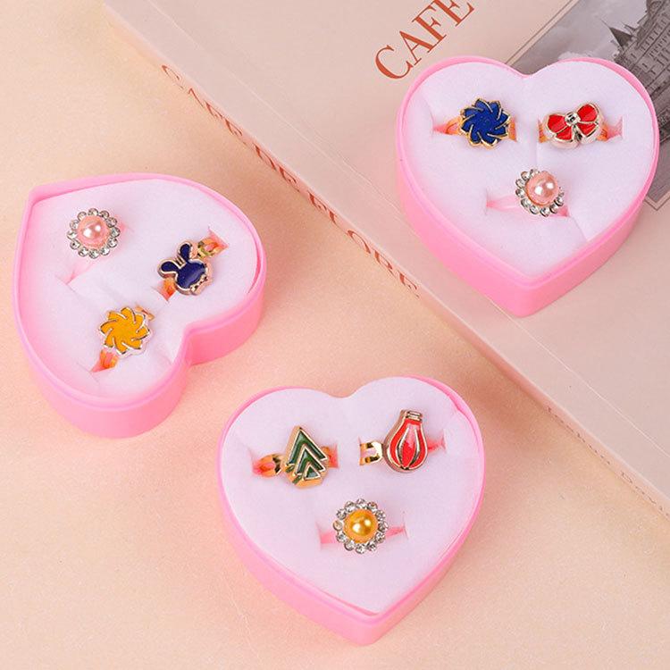 Children's Ring Set Plastic Girl's Exquisite Ring Adjustable Love Box Set 3 Pieces Love Box Ring