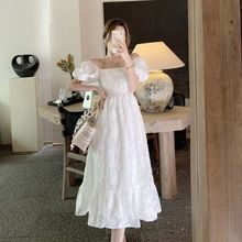 方口领白色碎花仙女裙2023夏季新款修身收腰显瘦泡泡袖法式连衣裙