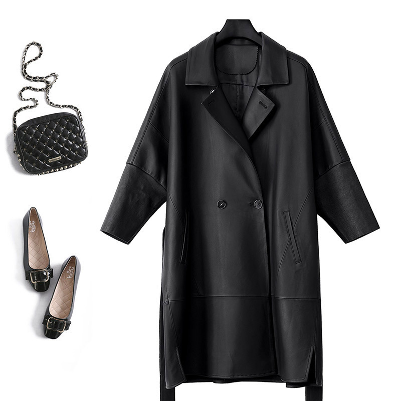 薇裳2024年秋新款时尚真皮皮衣女长款宽松显瘦女式绵羊皮风衣外套