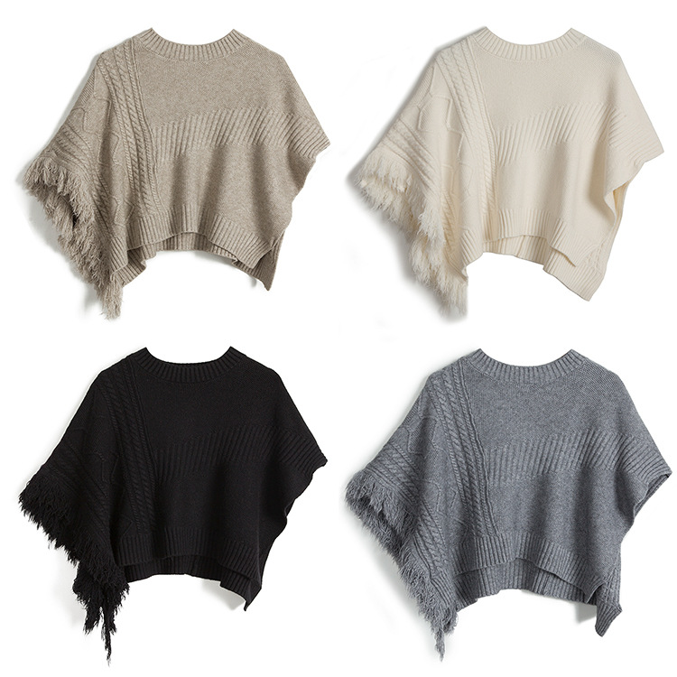 出色的毛线,【半边流苏斗篷披肩】不规则毛衣女叠穿外搭罩衫秋冬