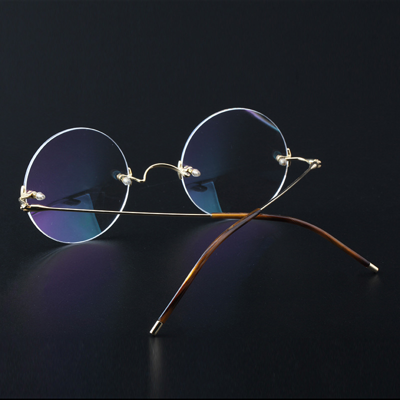18k金眼镜架 无框圆框私人黄金眼镜框 商务近视眼镜男