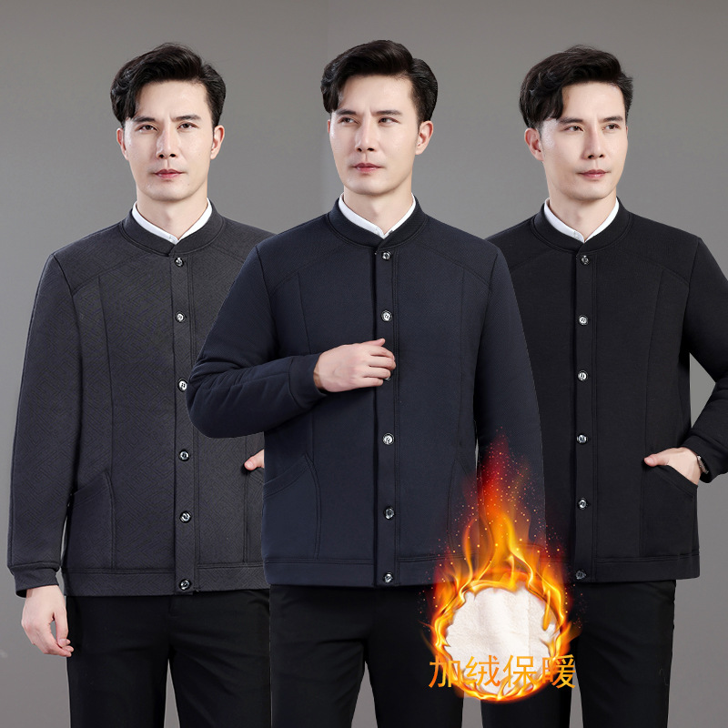 男士棉服加绒加厚保暖棉衣冬季爸爸装夹克防风防寒棉衣纯色棉袄
