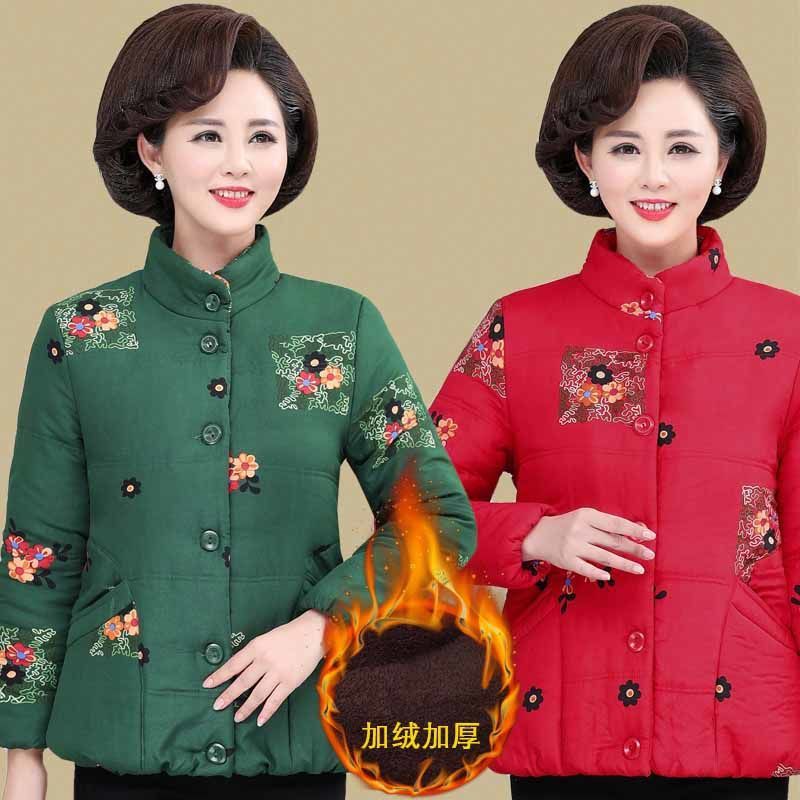 中老年女装冬季加绒加厚短款棉衣新款60岁70妈妈装宽松花棉袄外套
