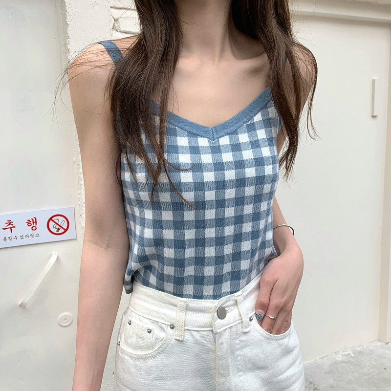 格子吊带背心女内搭2022年夏季新款设计感小众v领短款上衣女外穿