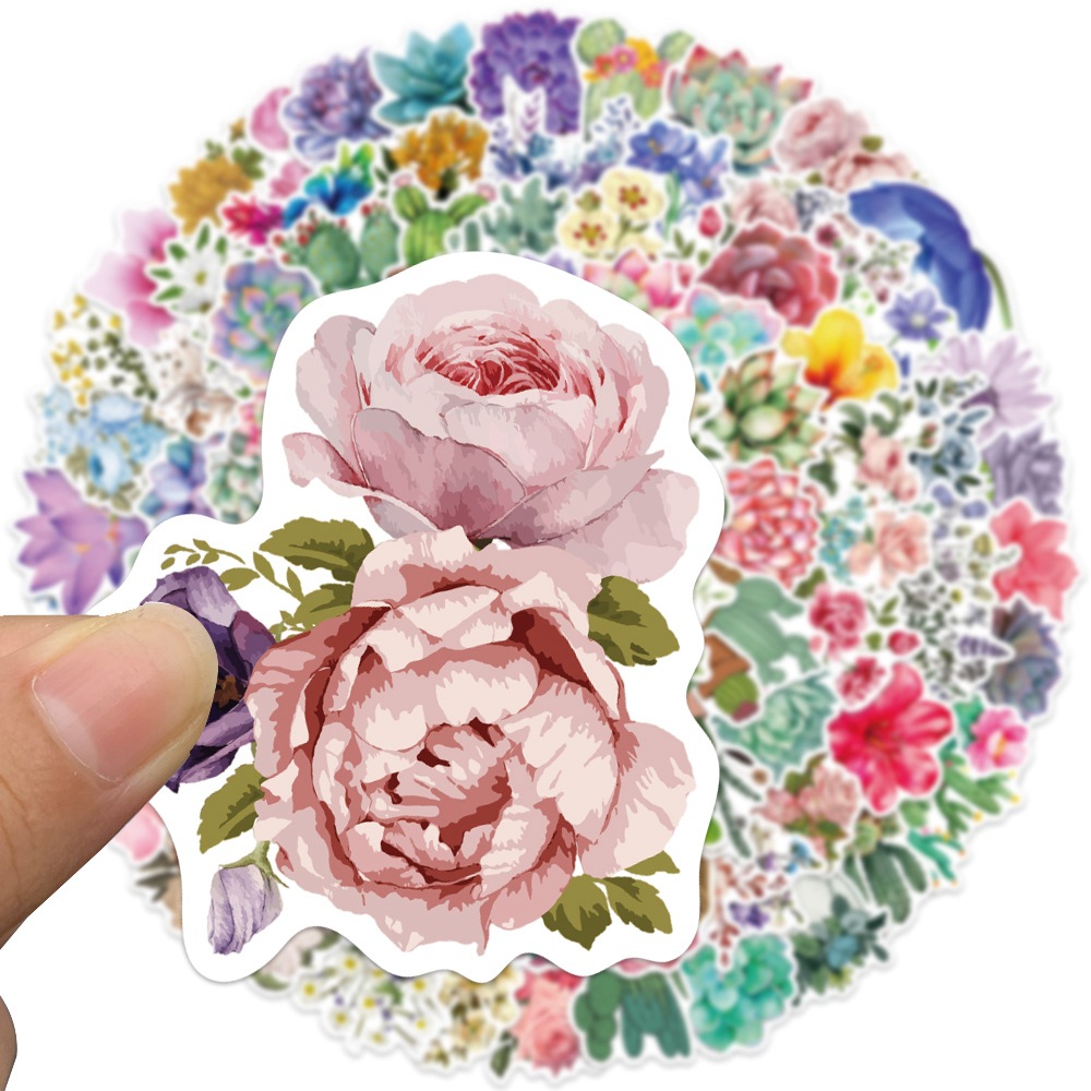 100张多肉花花植物涂鸦贴纸可爱清新贴画装饰行李箱冰箱水杯防水