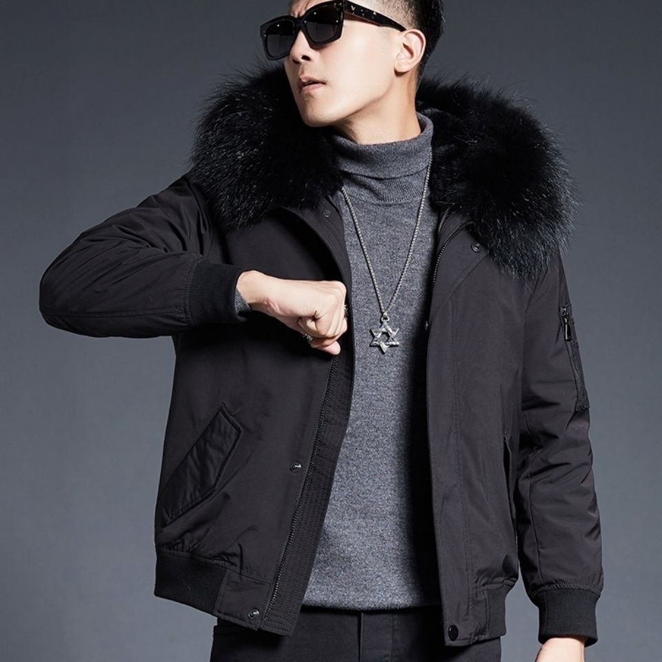 新款冬季派克服男款可脱卸兔毛内胆皮毛一体短款男士皮草大衣外套