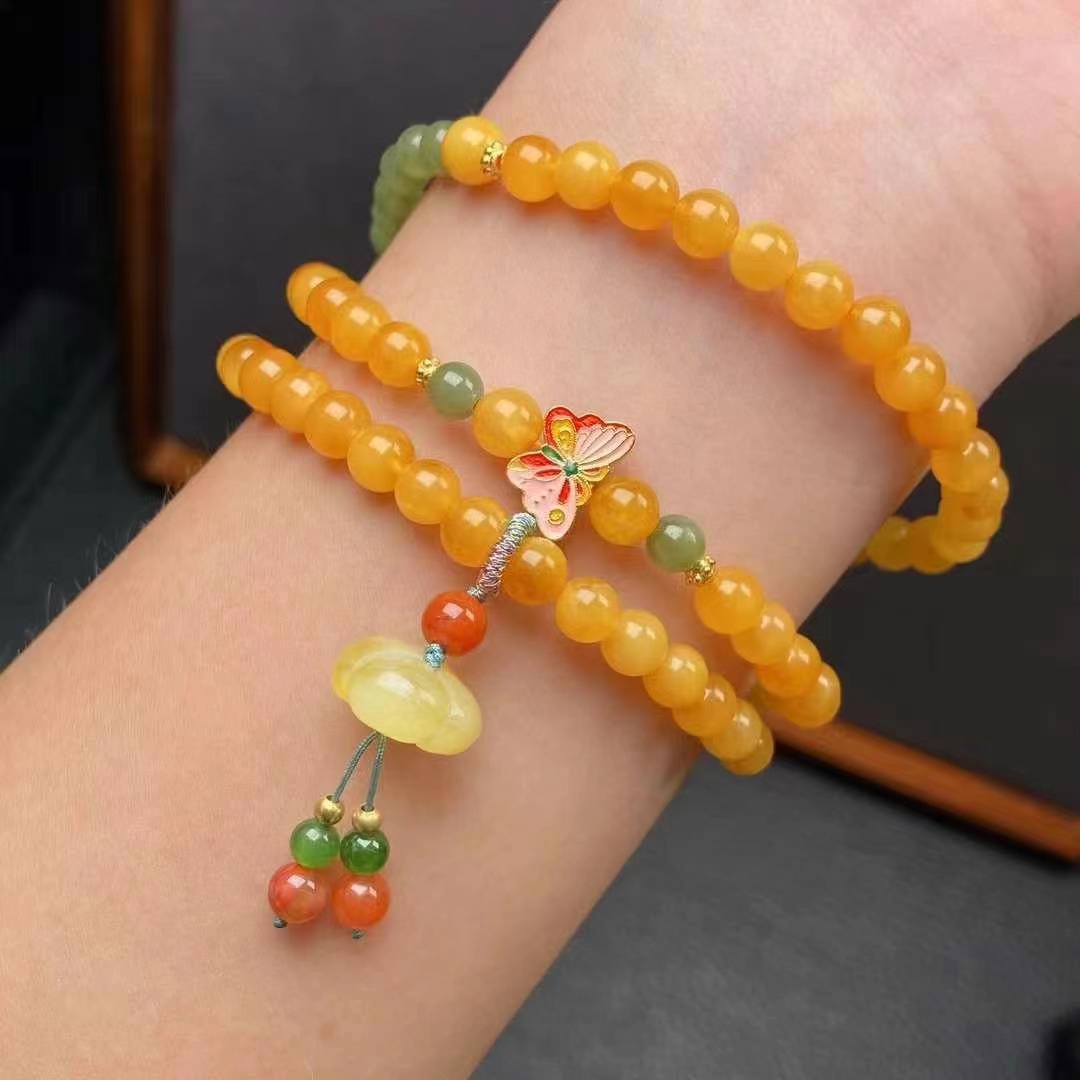 天然蜜蜡 回流老蜡手链搭配南瓜珠碧玉南红925银等多圈圆珠手串