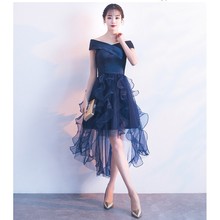 8142晚礼服女晚宴礼服交叉一字领露肩显瘦网纱燕尾连衣裙敬酒服韩