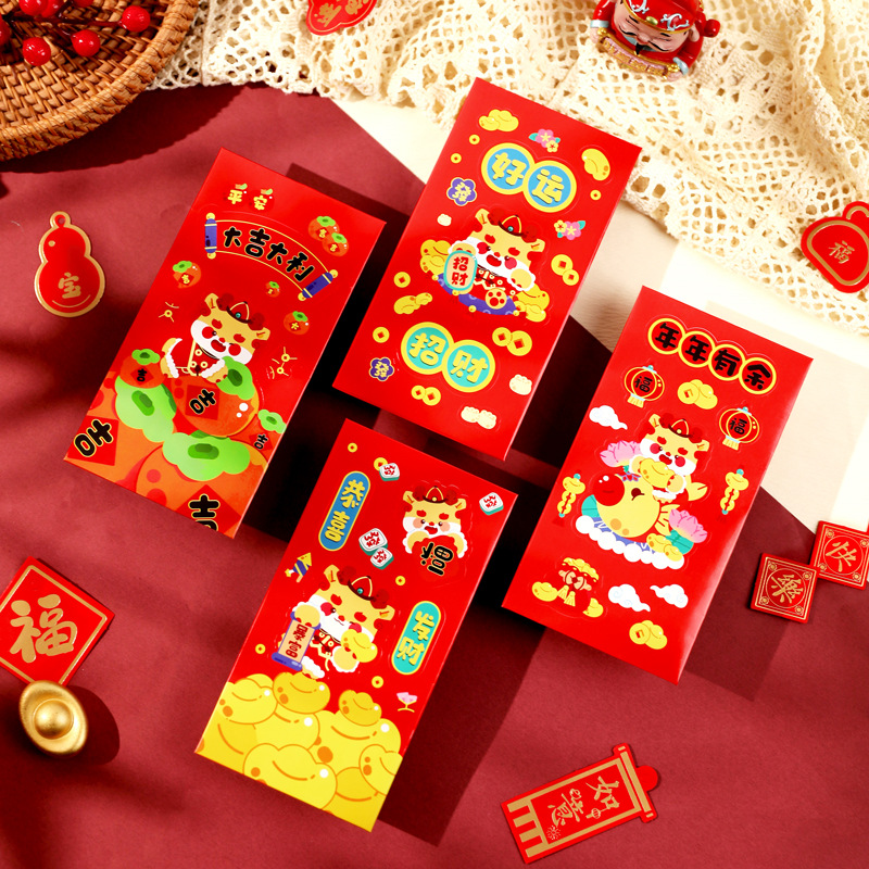 Creative Red Packet Year of the Dragon 2024 New Year Adhesive Sticker Small Red Envelope Cartoon New Year Gift Seal Red Pocket for Lucky Money