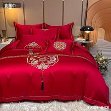 中式婚庆四件套全棉棉被套160支长绒棉100床单大红结婚床上用品