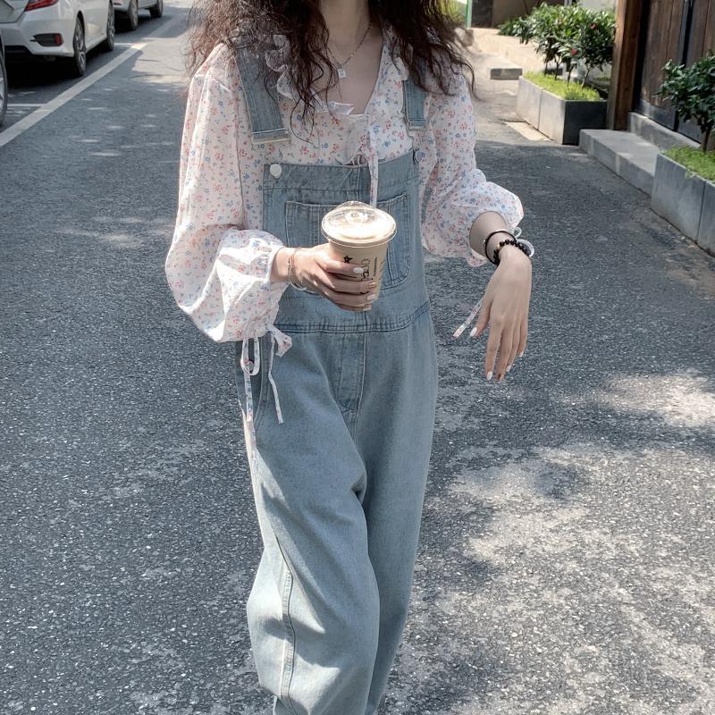 Denim Suspender Pants for Women 2023 Spring and Autumn New Korean Style Loose Slimming Small High Waist Straight-Leg Wide-Leg Pants