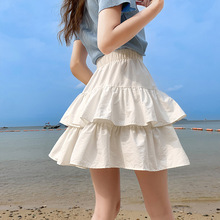 白色小个子蓬蓬蛋糕短裙女夏季高腰显瘦字荷叶边伞裙半身裙