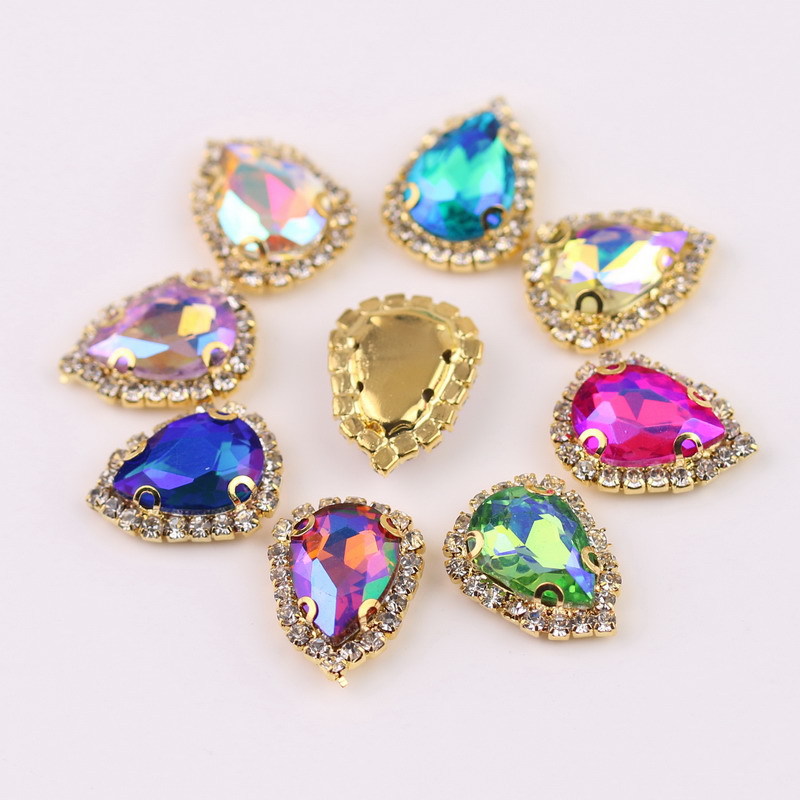 Water Drop Rhinestones Hand Sewing with Holes Rhinestones Surrounding Border Crystal Buckle Gold Bottom Glass Four Holes Claw Settings Handmade Diy Garment Accessories