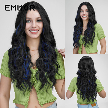 外贸跨境热销中分大波浪长卷发黑色挑染蓝前额手织假发全头发型