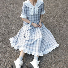 小清新连衣裙女学生夏季韩版宽松时尚新款海军领格子中长款裙子潮