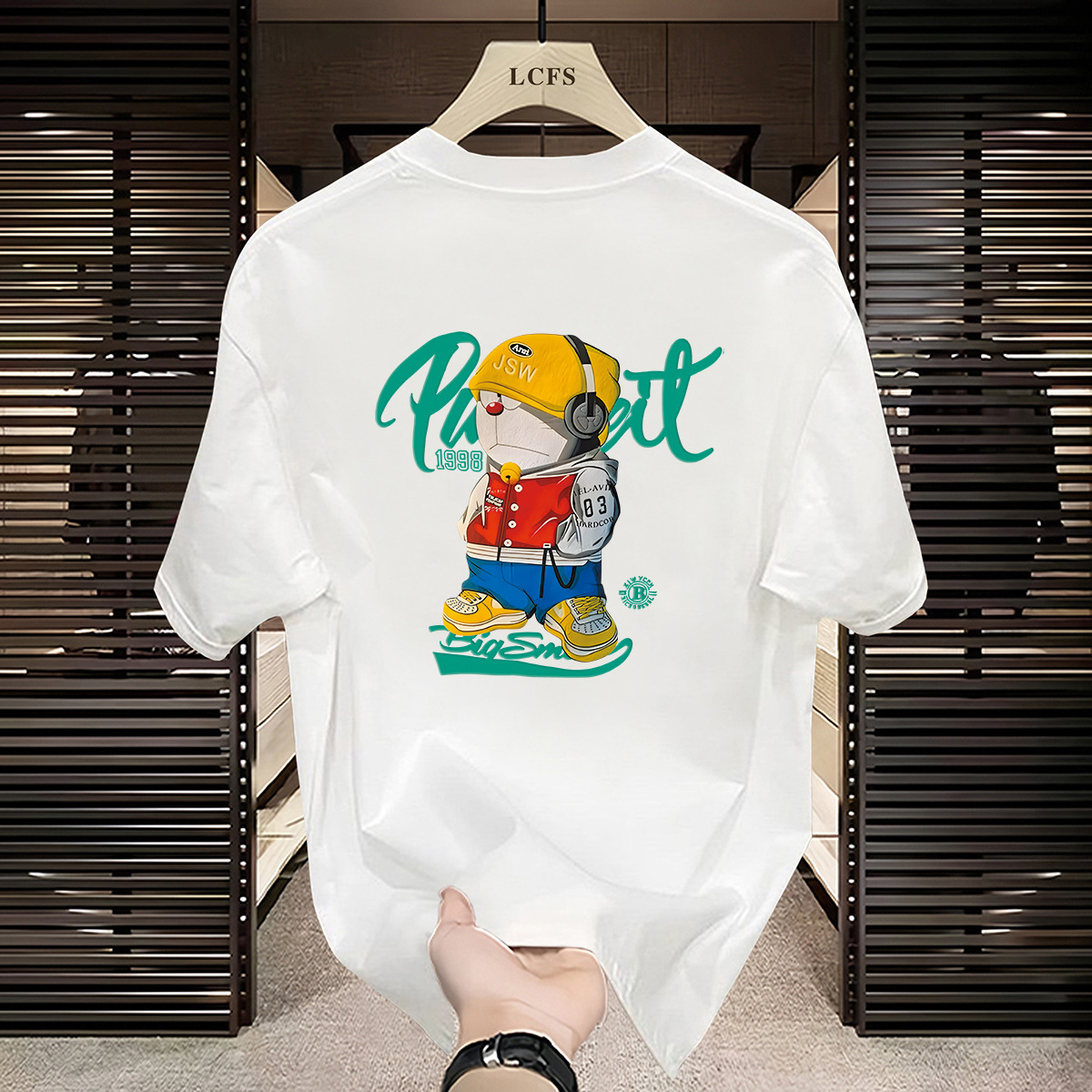 高端休闲卡通男t恤2024年夏季透气舒适短袖日式潮牌印花圆领体恤