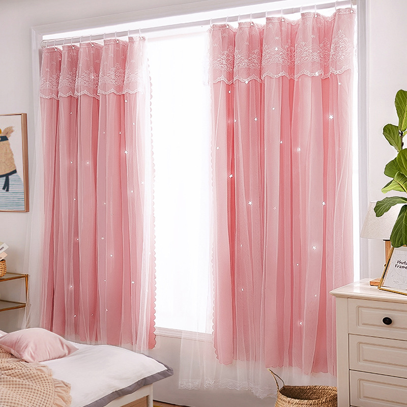 女孩房间窗帘杆窗帘一整套双层带纱网纱租房用经济欧式粉色避挡光