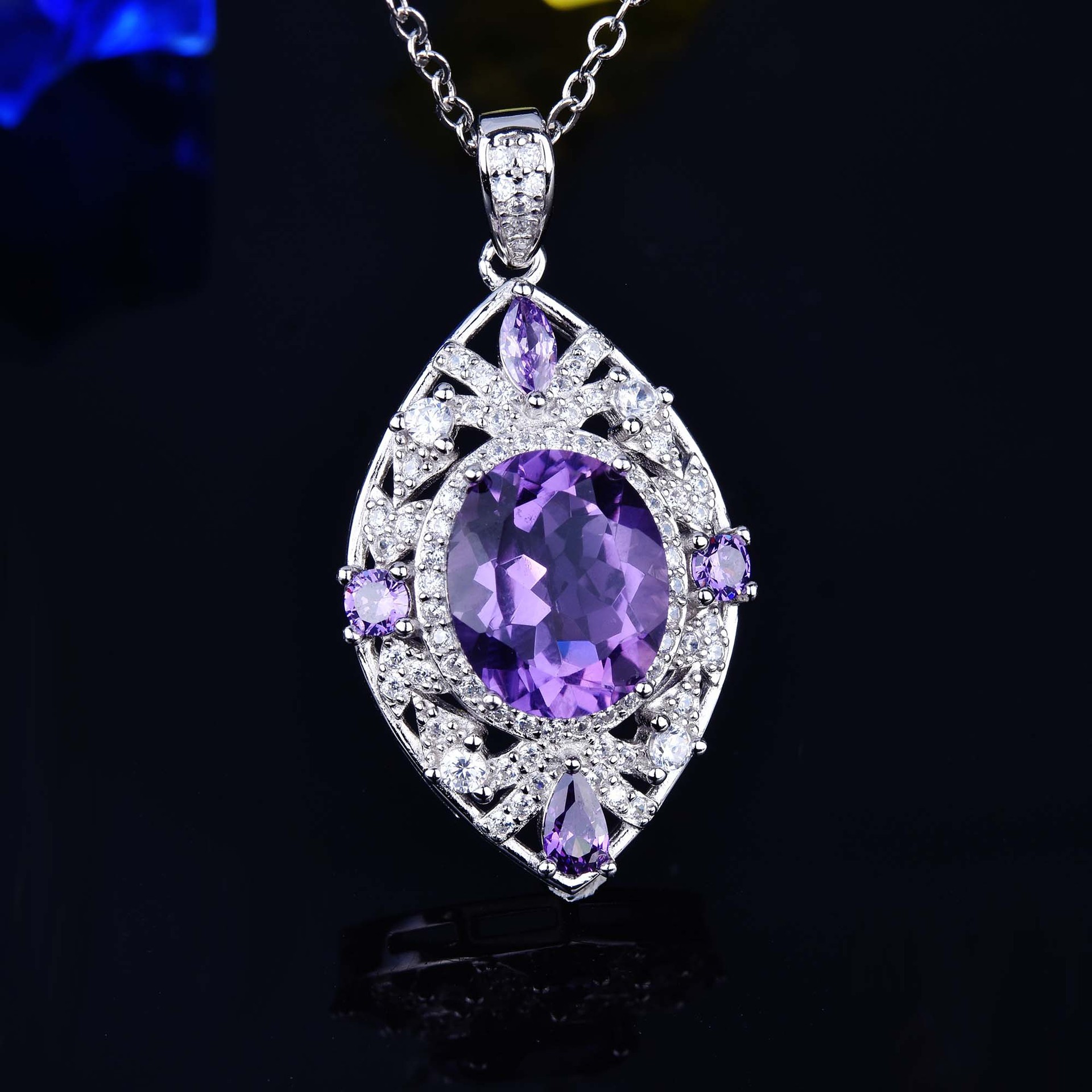 s925纯银天然紫水晶吊坠 镀18k白金镶紫晶项链女抖音直播一件代发