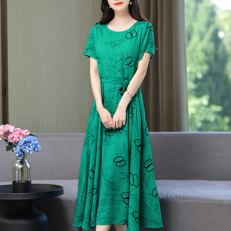 Middle-Aged Mom Summer Clothes Dress 2023 New 50-Year-Old Middle-Aged and Elderly Cotton and Linen Temperament Dress Women's Wide Lady Dress