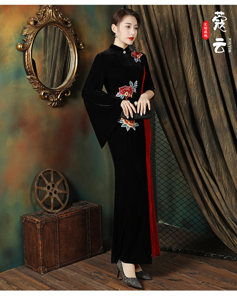 旗袍走秀演出服2021年新款冬金丝绒长款舞台鱼尾裙优雅