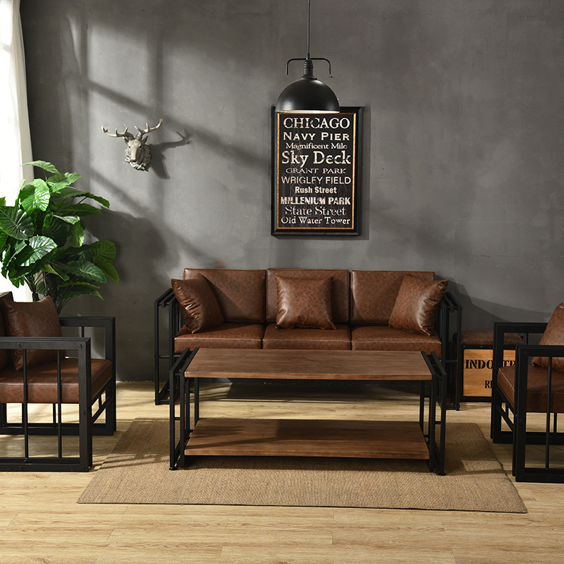 欧式小户型样板房铁艺沙发酒吧卡座酒店客厅工业风仿古沙发椅组合