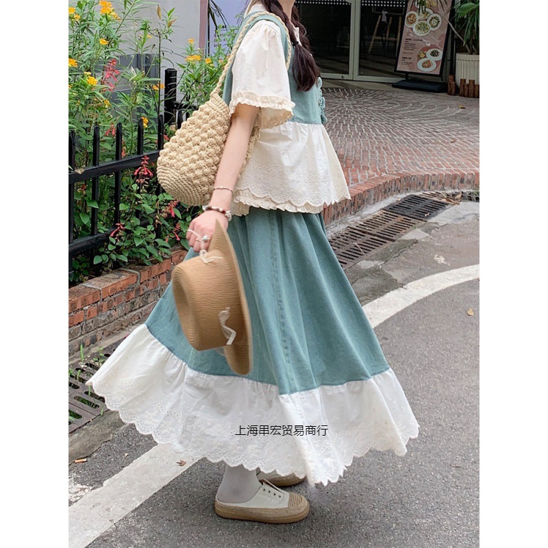 夏季新款女装甜美风chic花边牛仔马甲短袖衬衫高腰半身长裙三件套