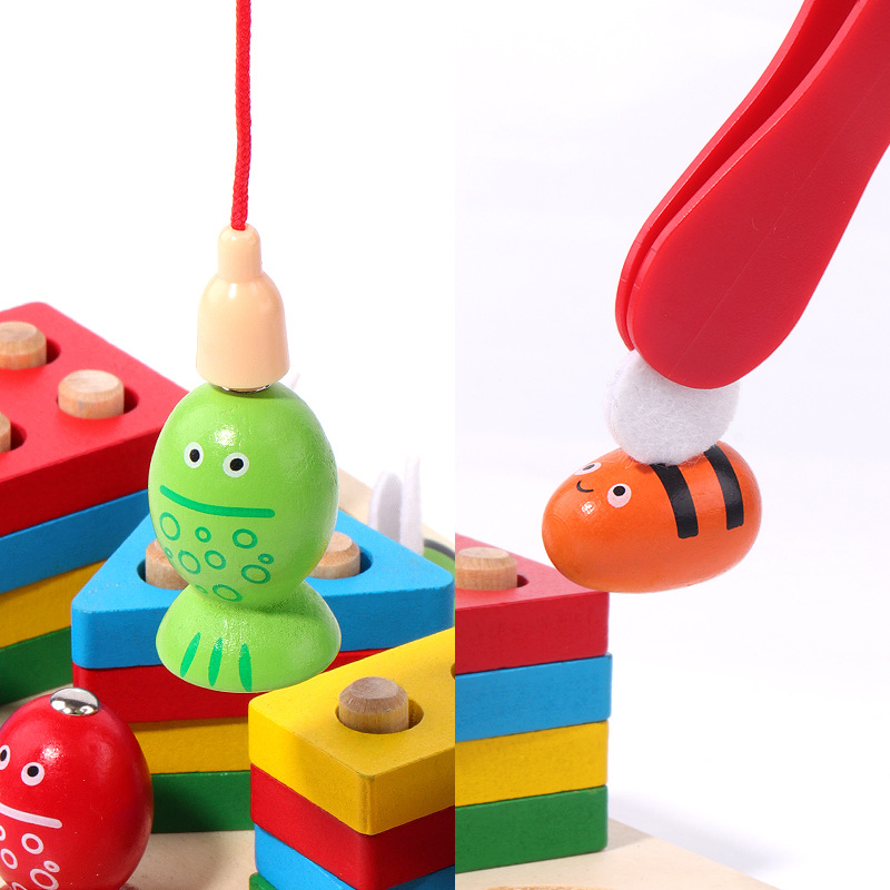 Three-in-One Clip Bee Magnetic Fishing Sleeve Column Children's Early Childhood Education Geometric Shape Cognition Pairing Wooden Toys